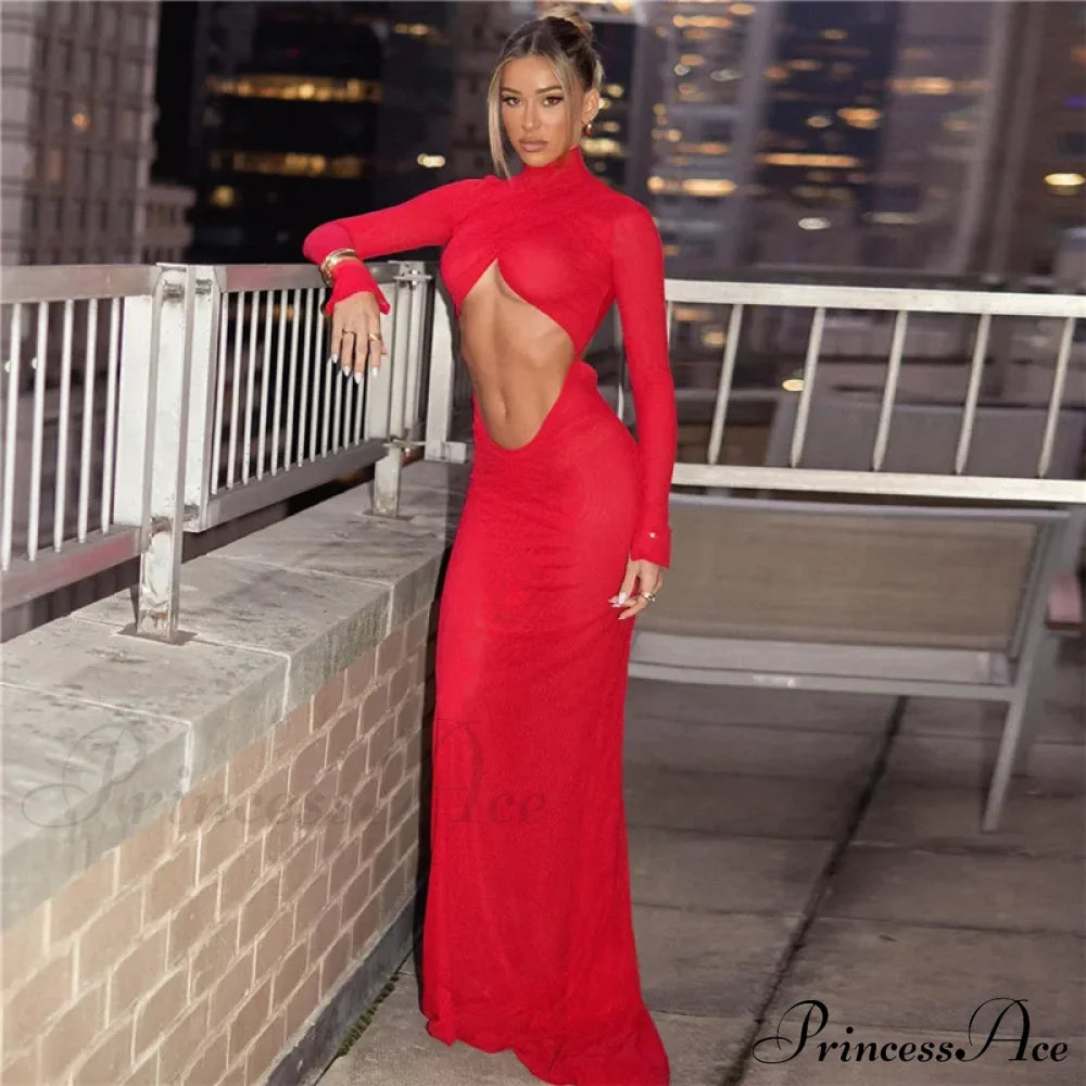 Elegant Cut Out Maxi Dress Party Club Long Sleeve Ruched Christmas Dresses-L