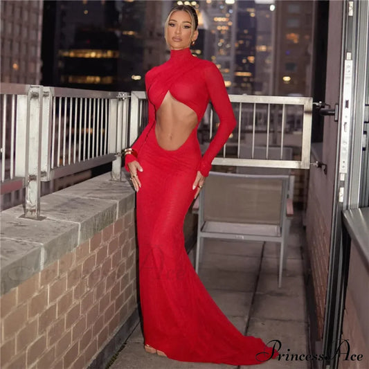 Elegant Cut Out Maxi Dress Party Club Long Sleeve Ruched Christmas Red / S Dresses-L