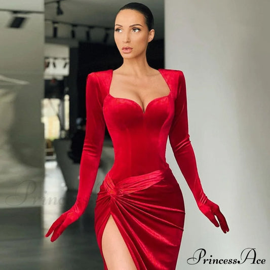 Elegant Evening Gloves Sleeve Velvet Slit Maxi Dress Red / L