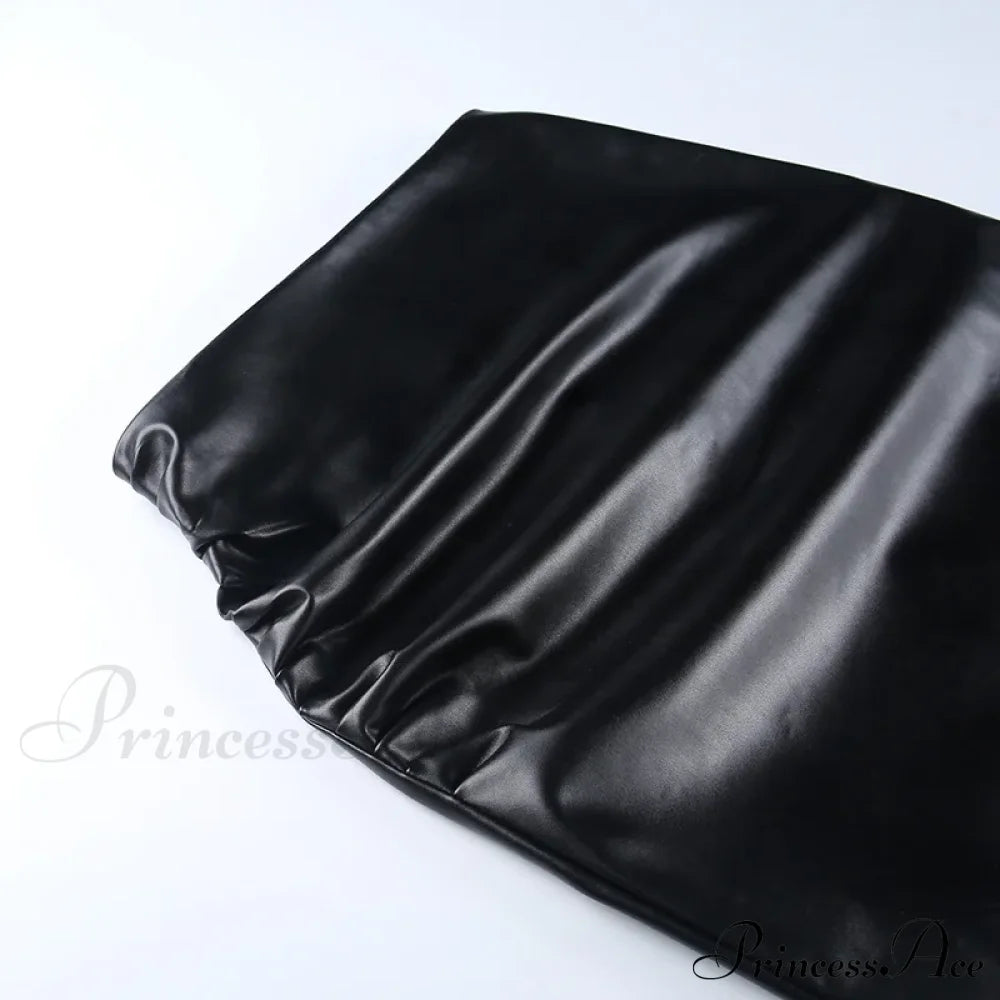 Elegant Fashion Ruched Slim High Waist Pu Leather Black Trendy Midi Skirt