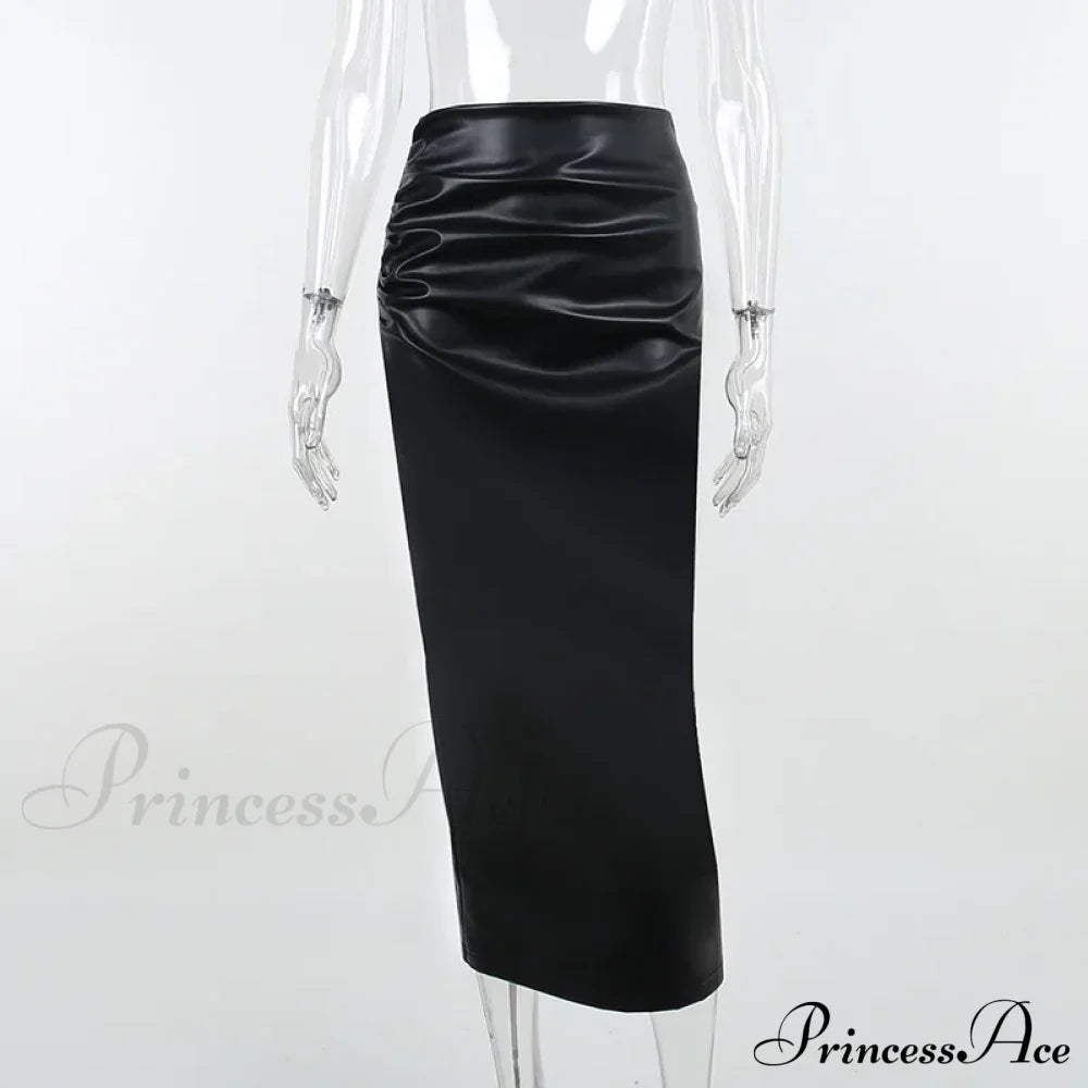 Elegant Fashion Ruched Slim High Waist Pu Leather Black Trendy Midi Skirt