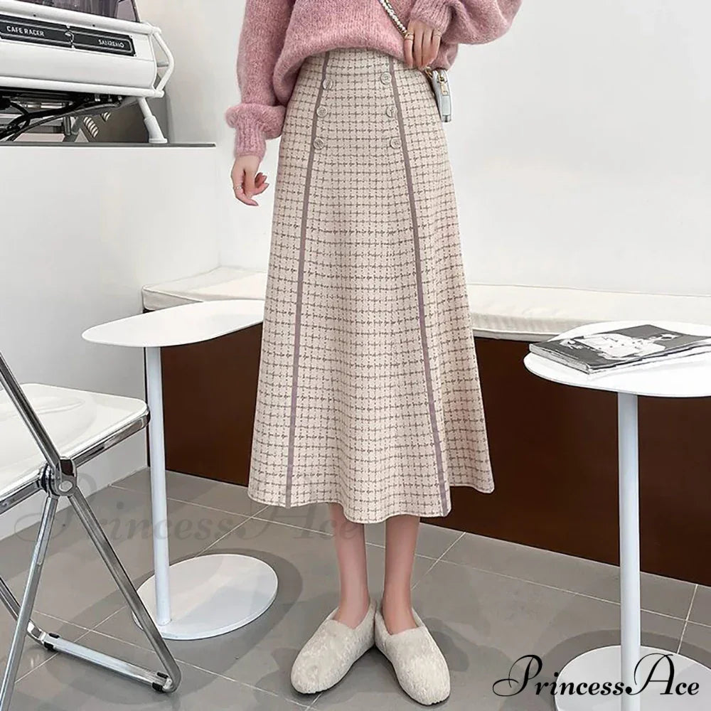 Elegant Fashionable Plaid High-Waisted New Trendy Autumn Winter A-Line Swing Skirt Beige / S