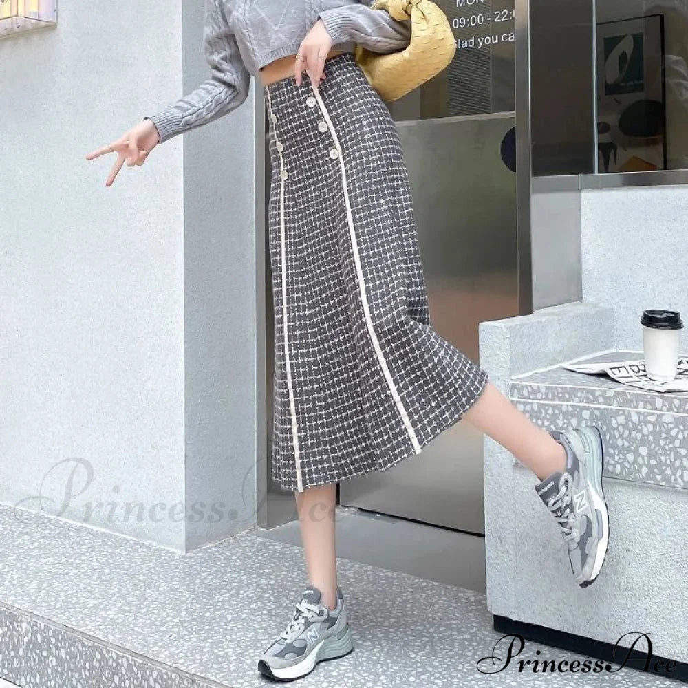 Elegant Fashionable Plaid High-Waisted New Trendy Autumn Winter A-Line Swing Skirt Grey / S