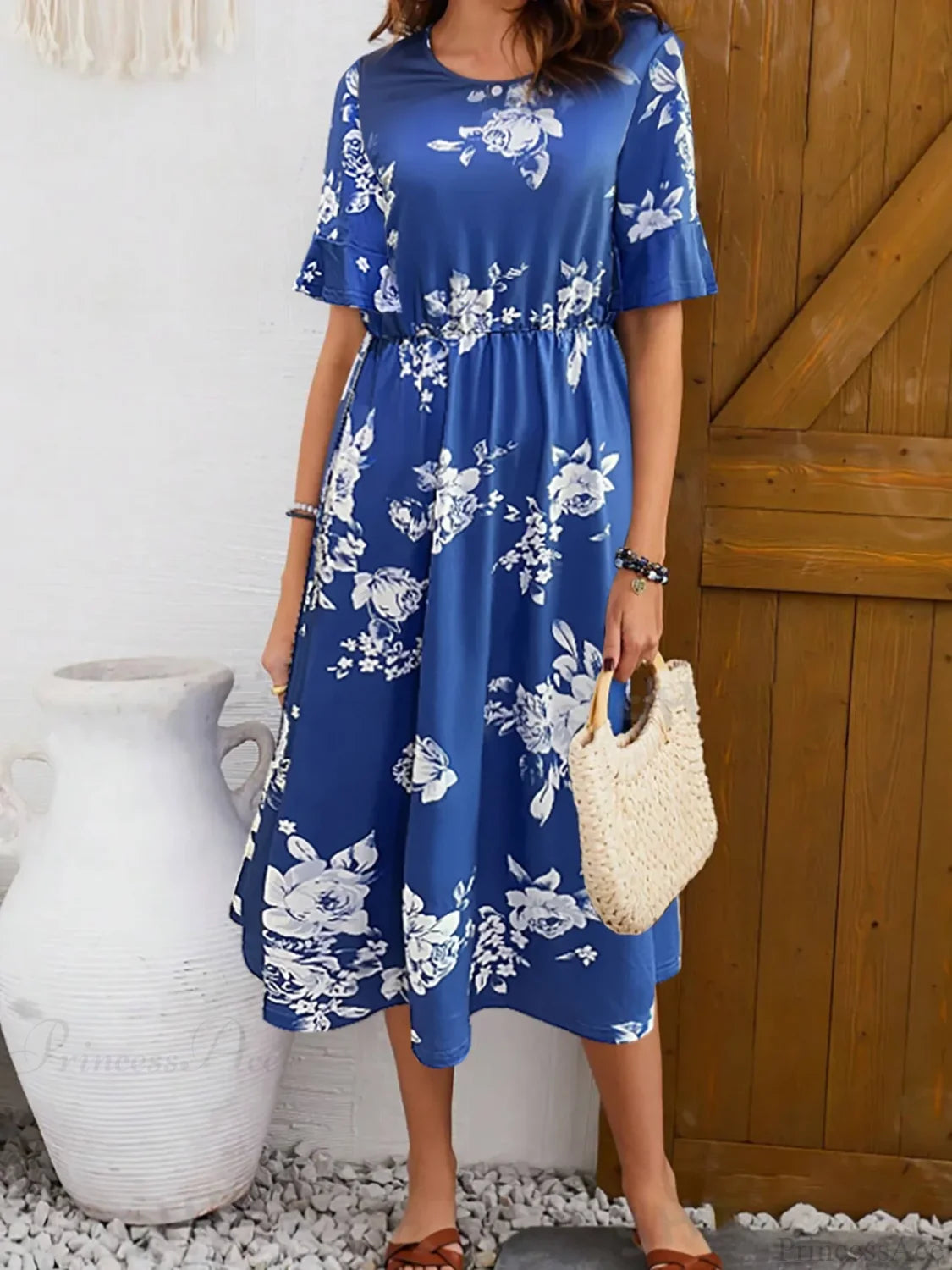 Elegant Fashionable Printed Round Neck Short Sleeve Floral Dress oldfloraldress-250126
