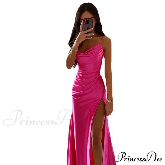 Elegant Fashionable Sexy Summer Solid Slit Pleated Maxi Bodycon Dress