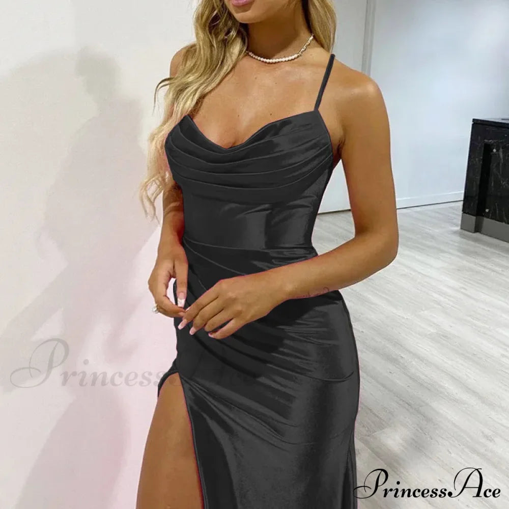 Elegant Fashionable Sexy Summer Solid Slit Pleated Maxi Bodycon Dress Black / S