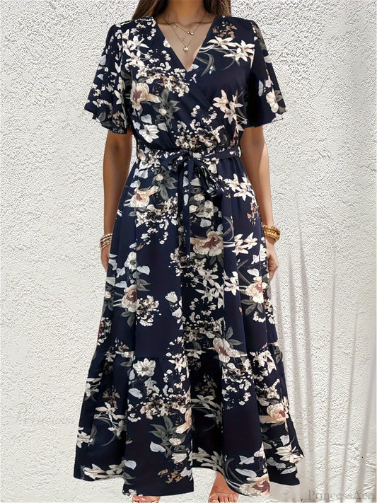 Elegant Floral A-line Dress Navy / S oldfloraldress-250126