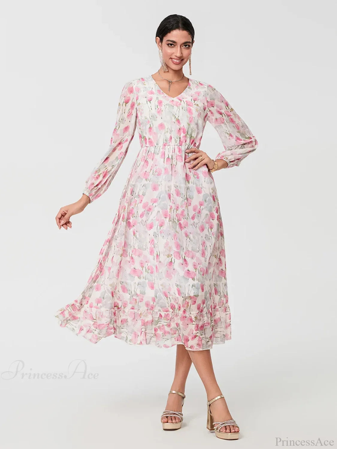 Elegant Floral Flowing Long Sleeve A-Line Floral Dress floraldress-250126