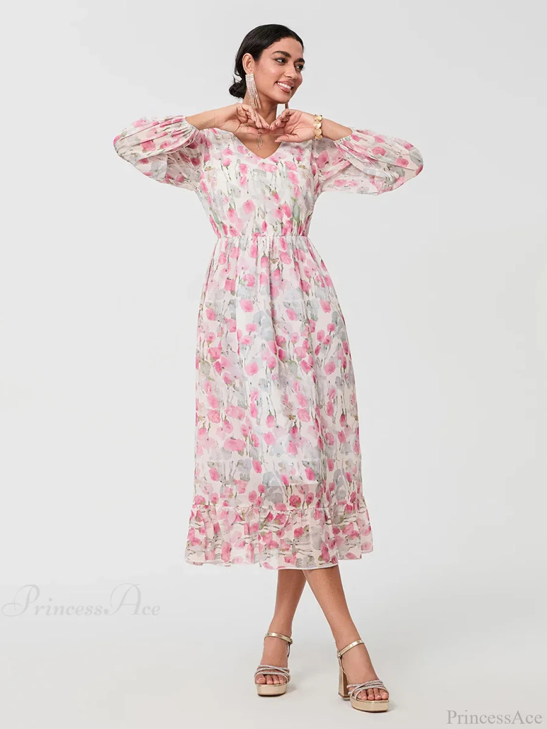 Elegant Floral Flowing Long Sleeve A-Line Floral Dress floraldress-250126