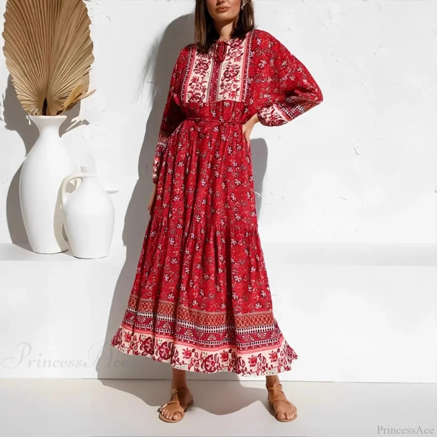 Elegant Floral Lace-up Tassel Rayon Maxi Boho Sundress Red / S bohodress-250126