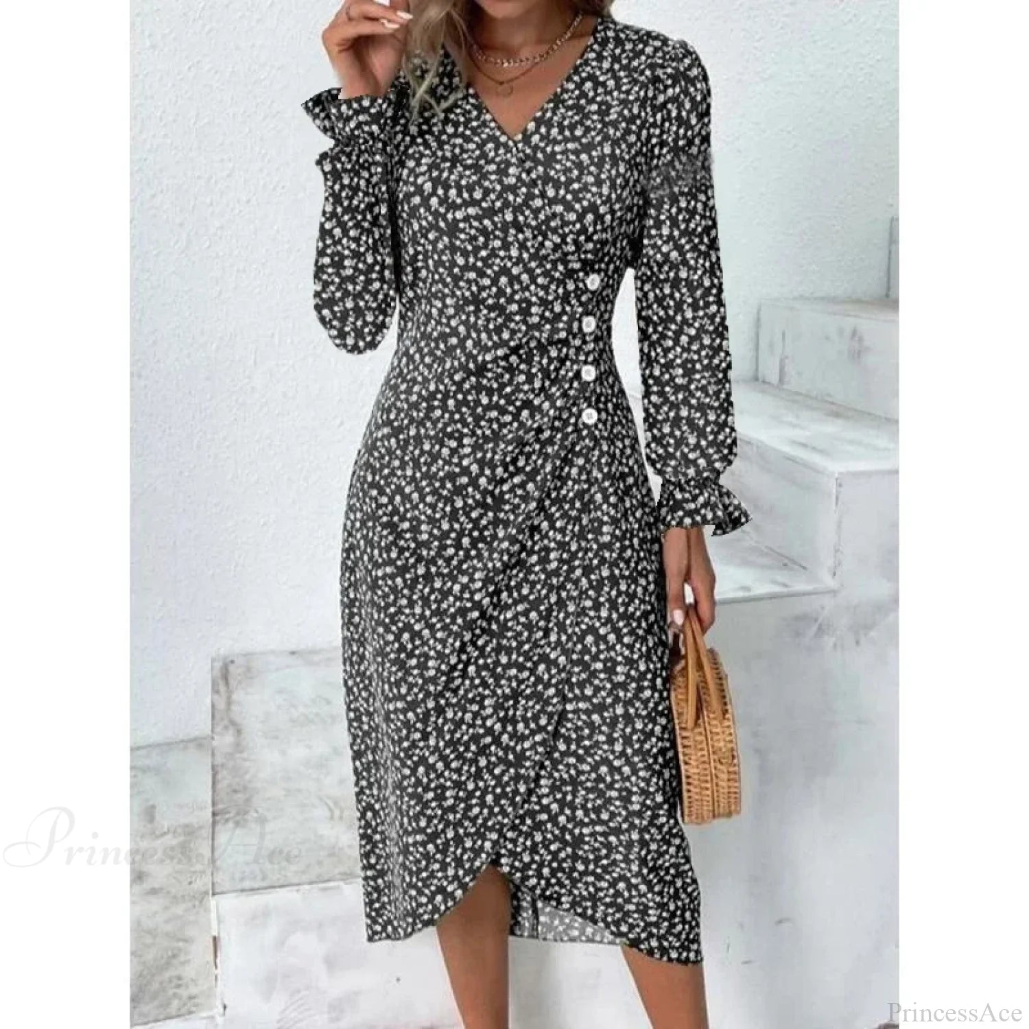 Elegant Floral Midi Puff Sleeve Ruched Waist Floral Dress black B / S oldfloraldress-250126