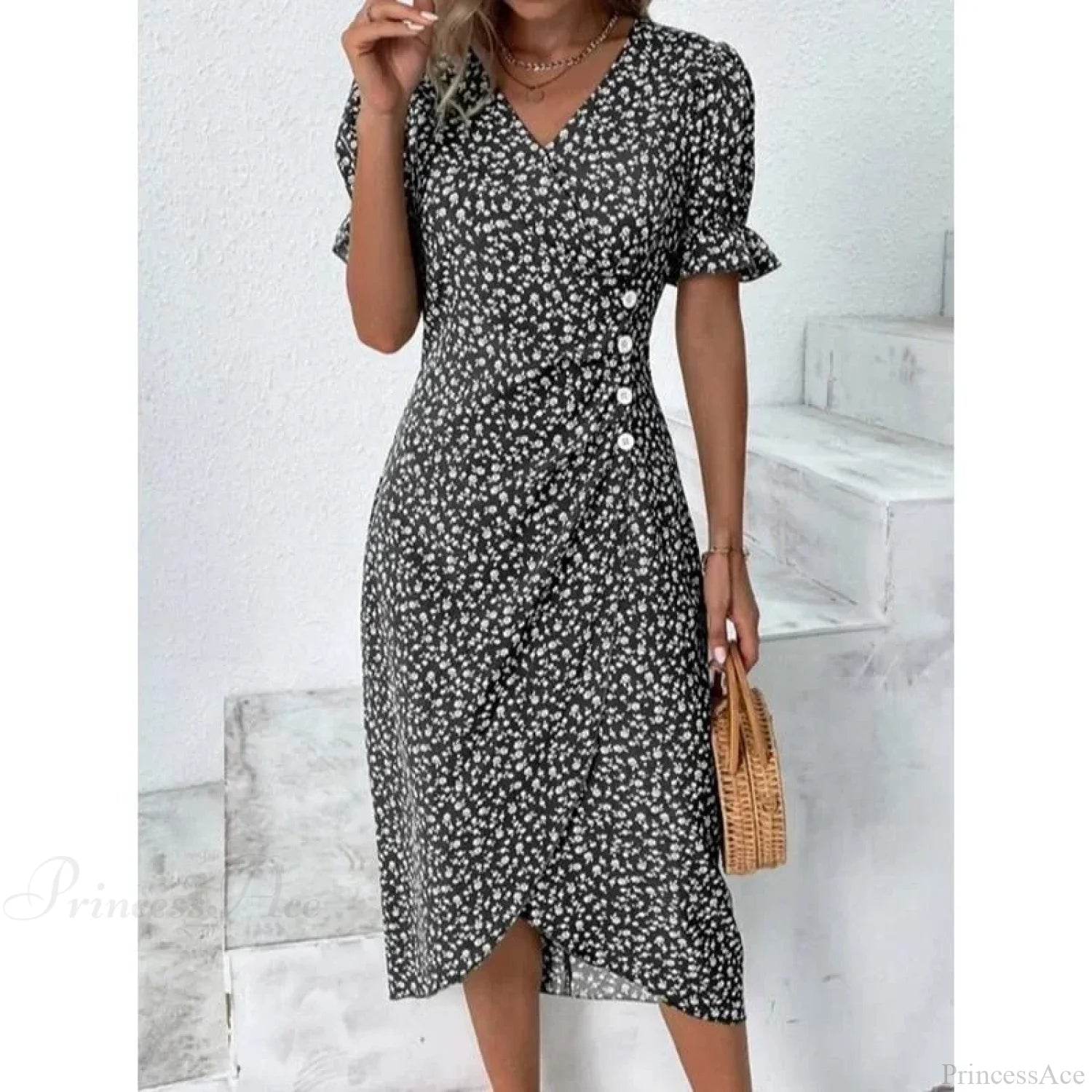 Elegant Floral Midi Puff Sleeve Ruched Waist Floral Dress Black / S oldfloraldress-250126