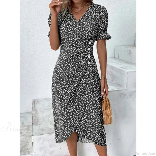 Elegant Floral Midi Puff Sleeve Ruched Waist Floral Dress Black / S oldfloraldress-250126