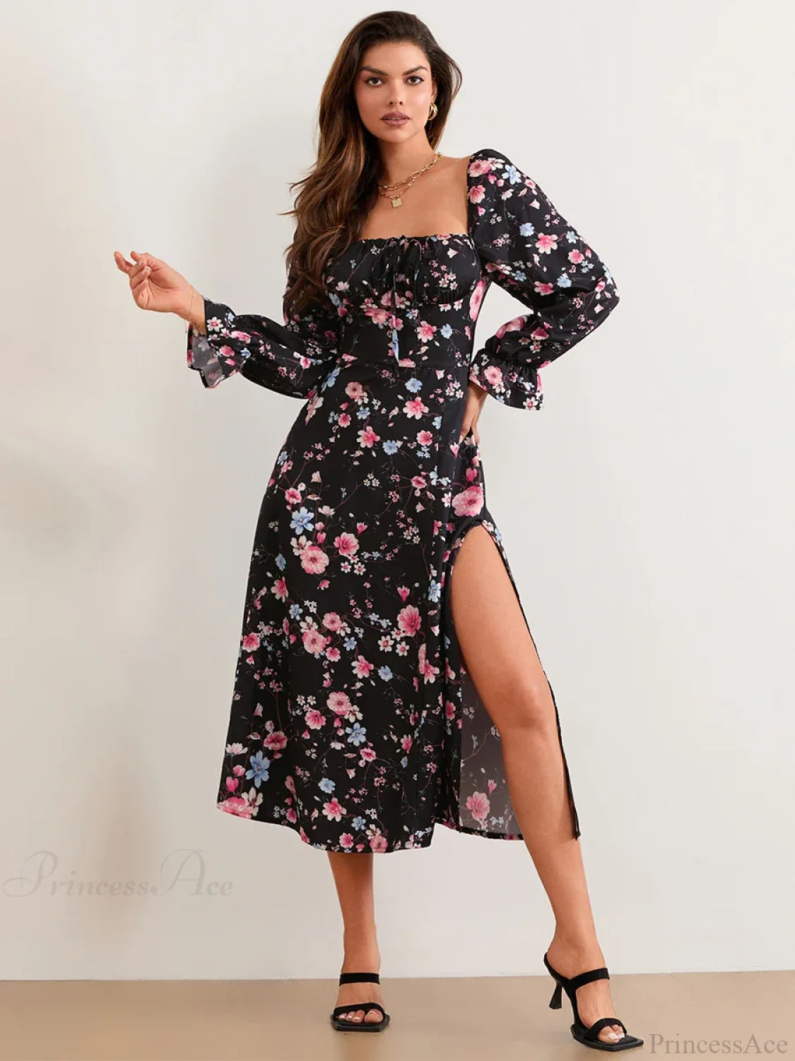 Elegant Floral Midi Puff Sleeve Square Neck Floral Dress floraldress-250126