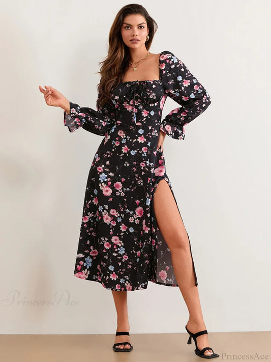 Elegant Floral Midi Puff Sleeve Square Neck Floral Dress floraldress-250126