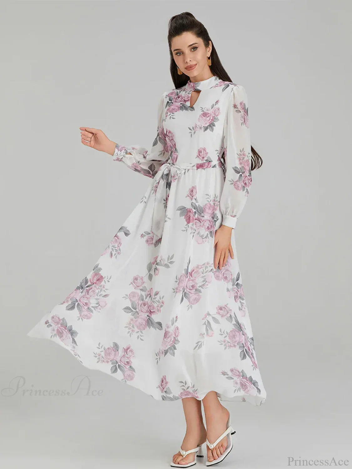 Elegant Floral Print Chiffon Long Lantern Sleeve Tie Waist Floral Dress floraldress-250126