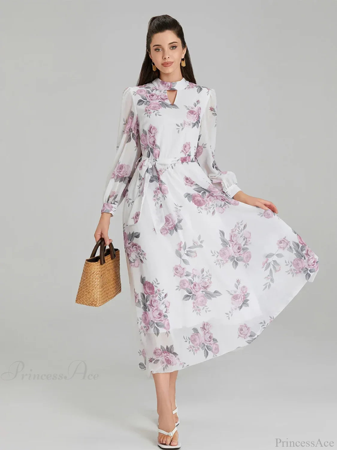Elegant Floral Print Chiffon Long Lantern Sleeve Tie Waist Floral Dress floraldress-250126