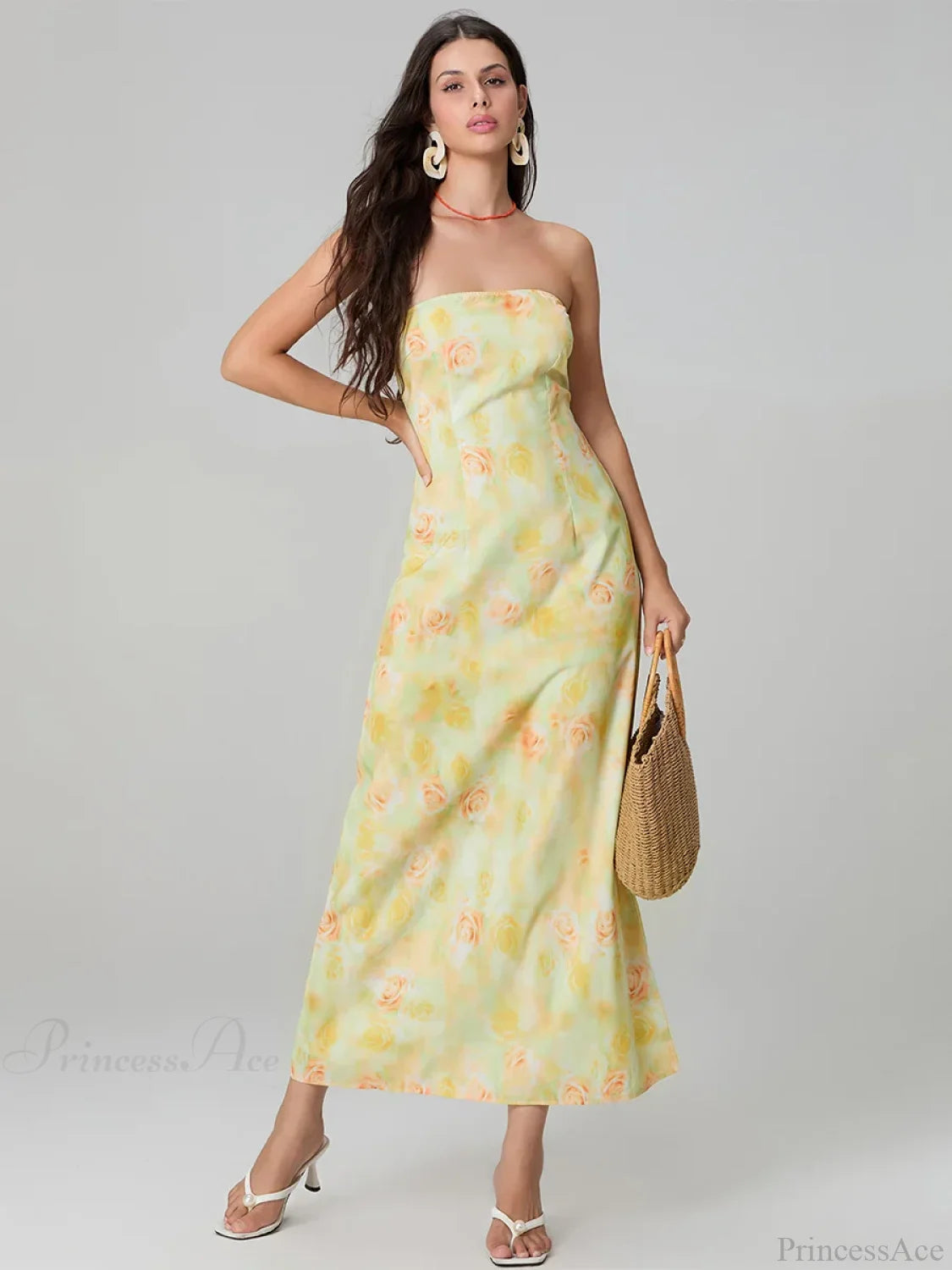 Elegant Floral Print Tube Backless Off-Shoulder Evening Gown Party Dress floraldress-250126