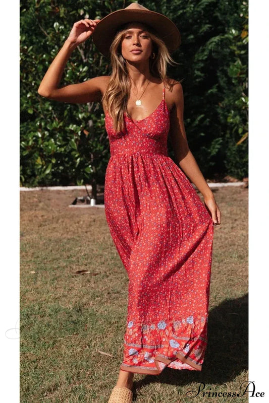 Elegant Floral V-Neck Sleeveless Boho Dress