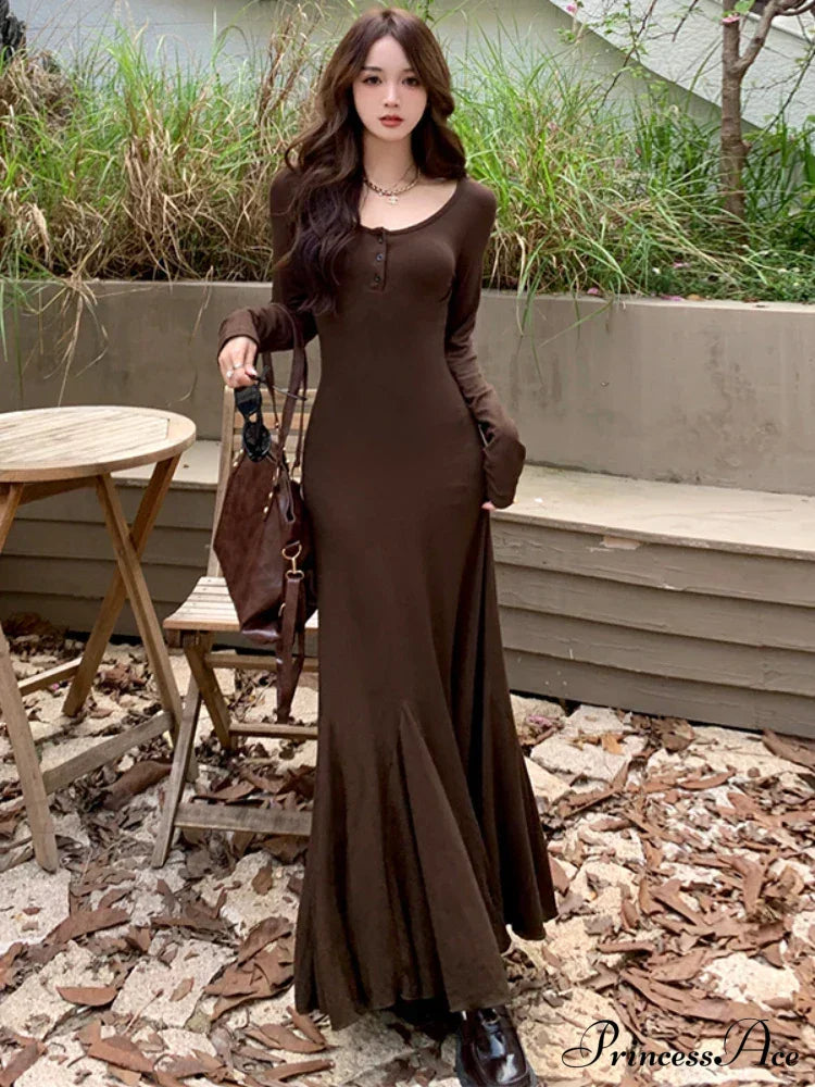 Elegant Formal Solid Slit Asymmetrical Classic Oblique Collar Evening Dress Dresses Coffee Midi / S
