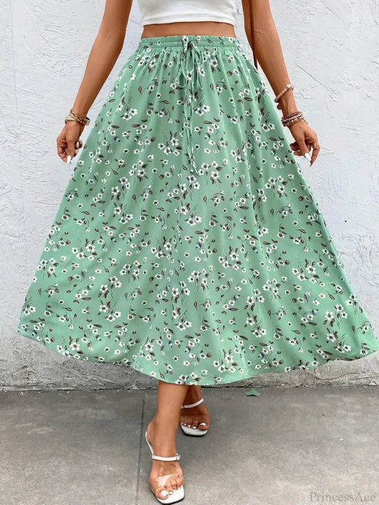 Elegant Fragmented Flower Half Skirt Drawstring Lace Casual Fashion Green / S skirt-250126