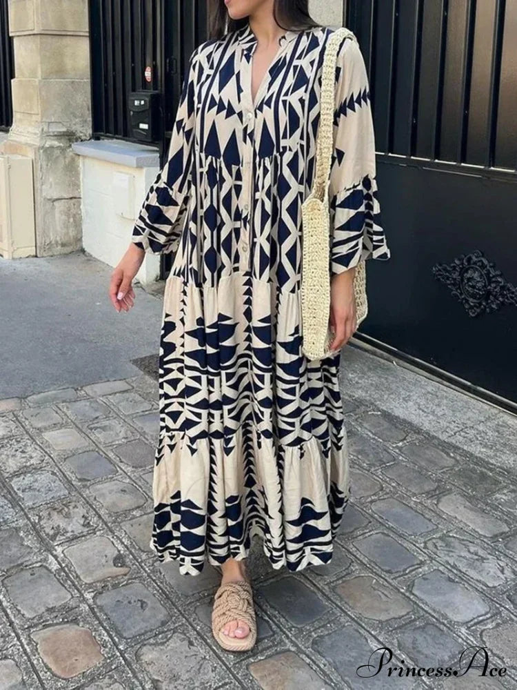 Elegant Geometric V-Neck Autumn Boho Dress