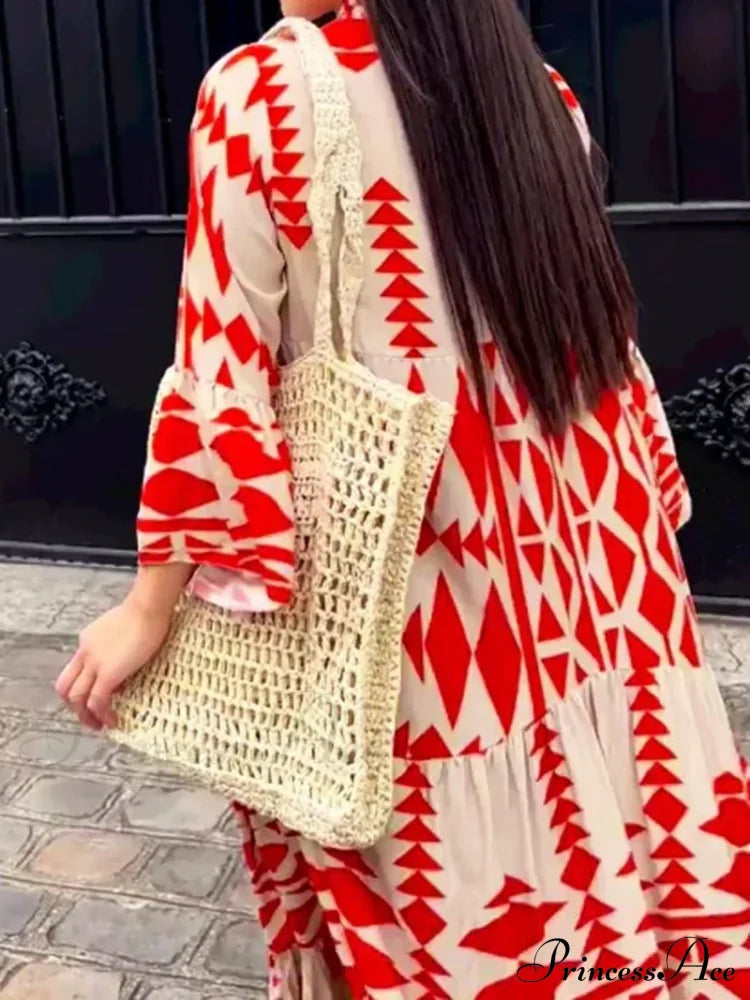 Elegant Geometric V-Neck Autumn Boho Dress