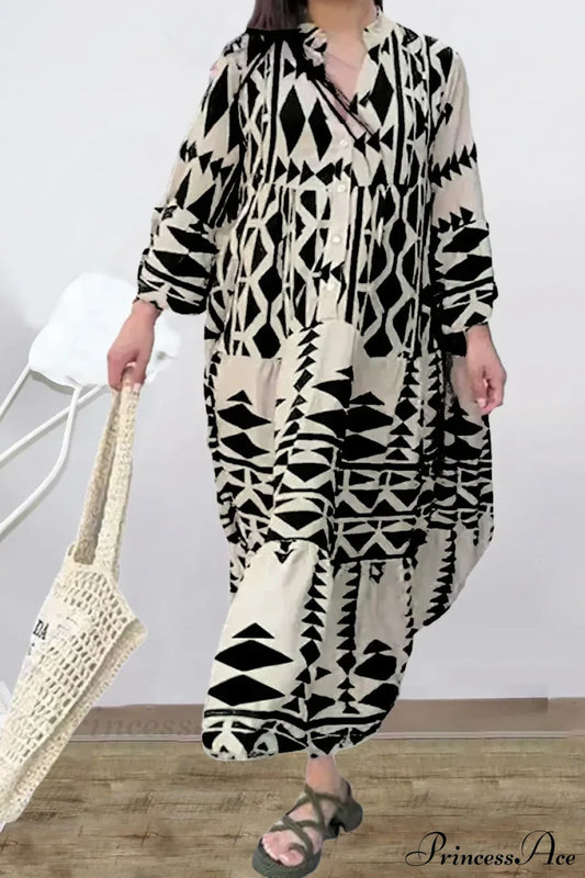 Elegant Geometric V-Neck Autumn Boho Dress Black / S