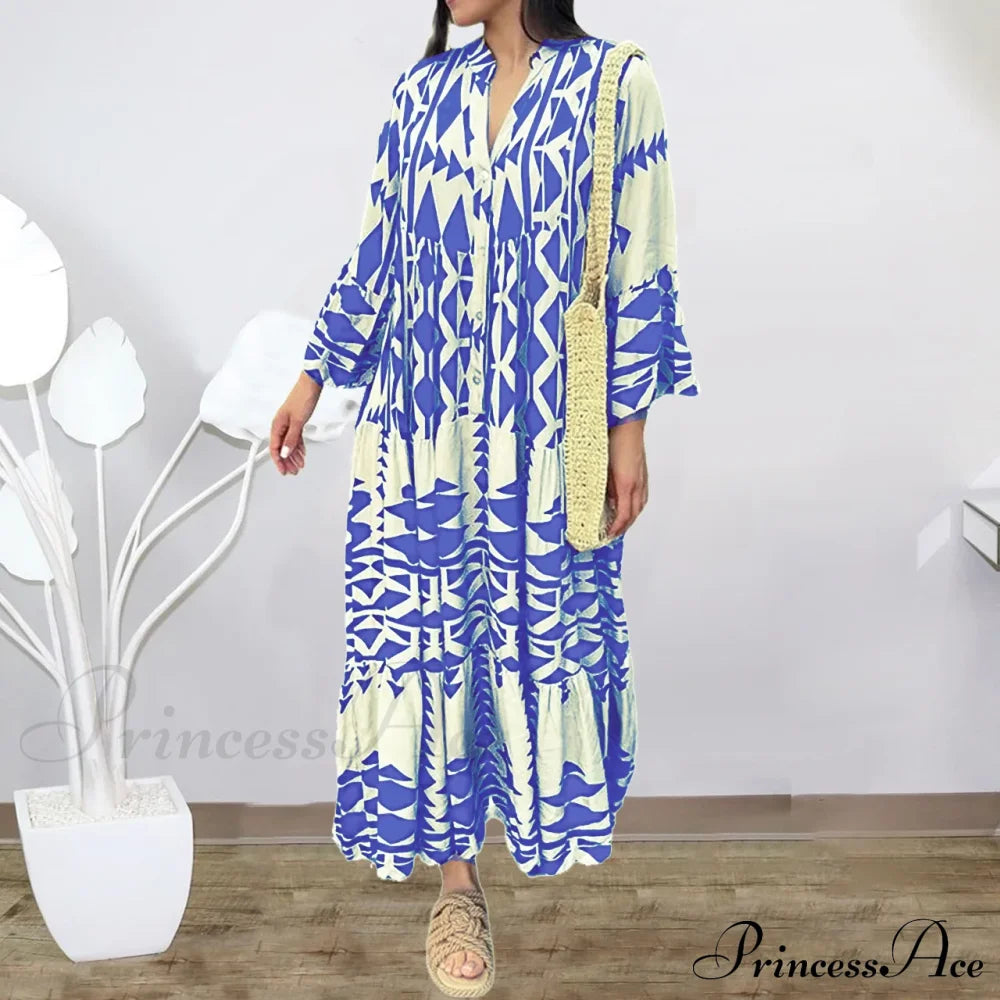 Elegant Geometric V-Neck Autumn Boho Dress Light Blue / S