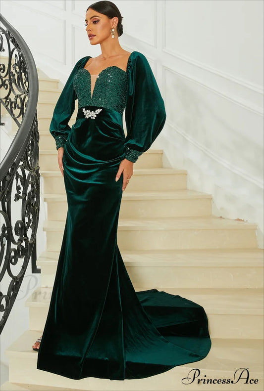 Elegant Green Velvet Evening Dresses Lantern Sleeve Sequin Belt Split Christmas Party Dress