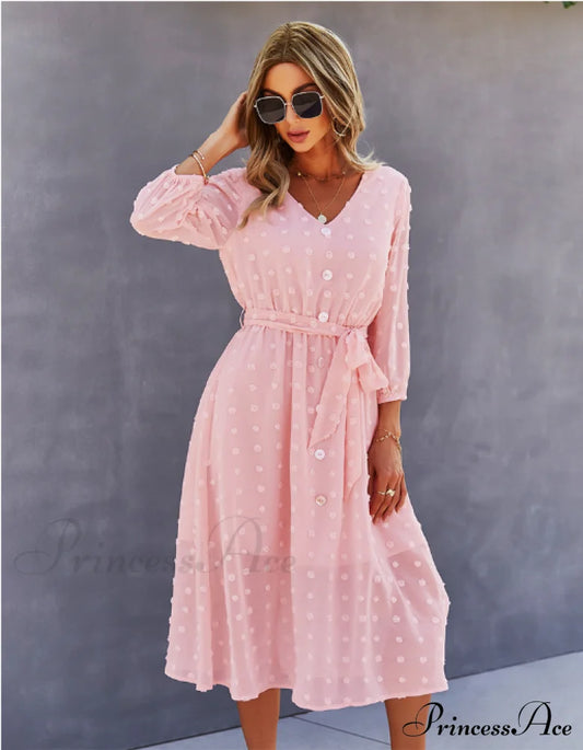 Elegant Half Sleeve Women’s Casual V-Neck Midi Dress With Buttons S / Pink Dresses