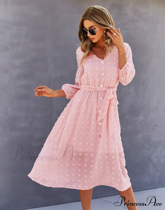 Elegant Half Sleeve Women’s Casual V-Neck Midi Dress With Buttons S / Yellow Dresses