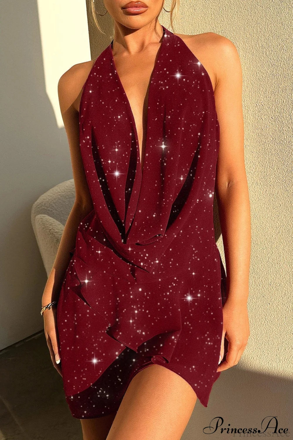 Elegant Halter Sequin Solid Color Short Party Dress Burgundy / S