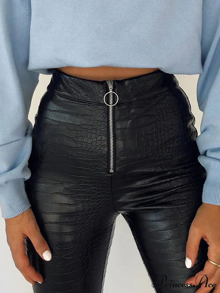 Elegant High Waist Faux Leather Pants Black / Xs