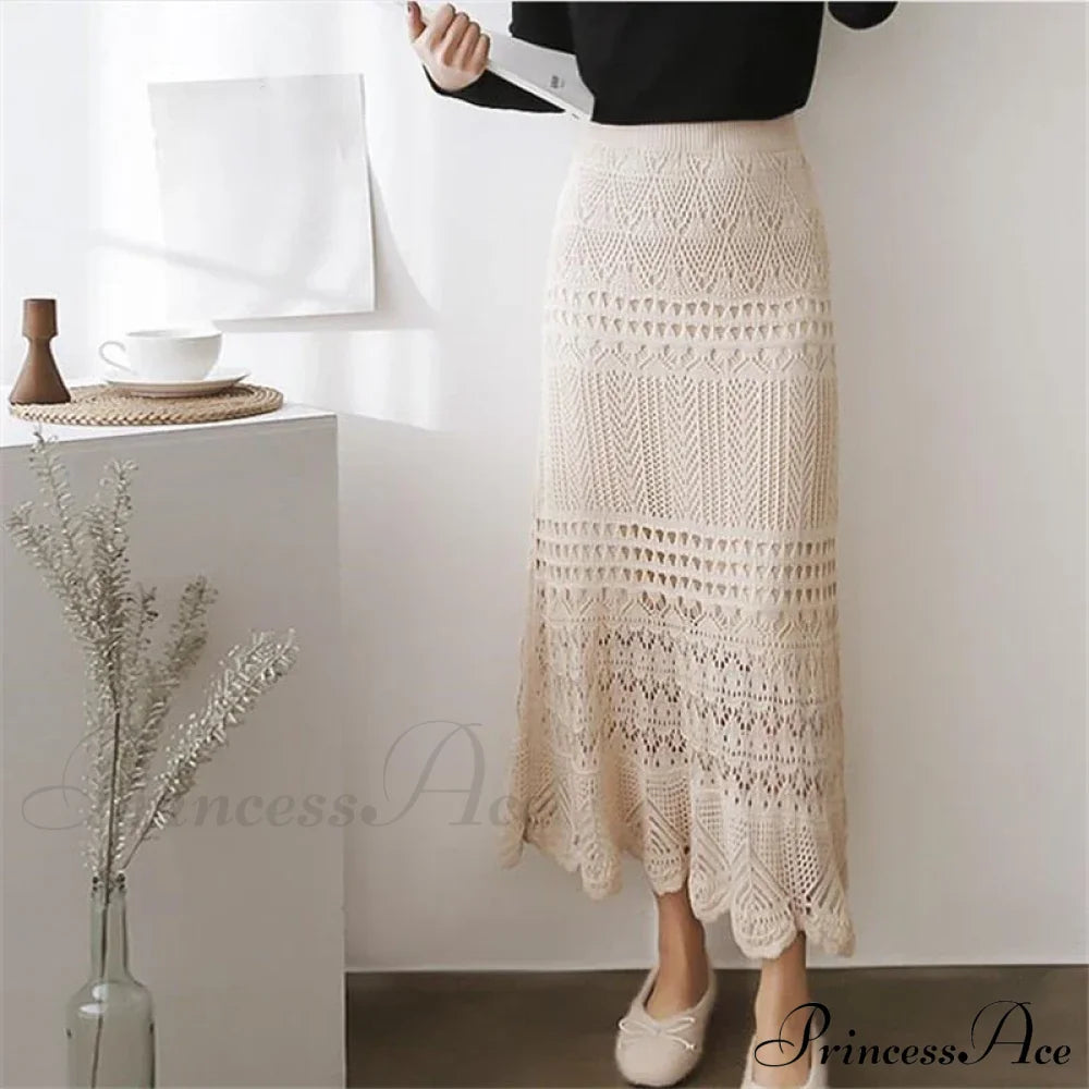 Elegant High Waist Korean Lace Crochet Sheath Wrap Trendy Feminine Skirt