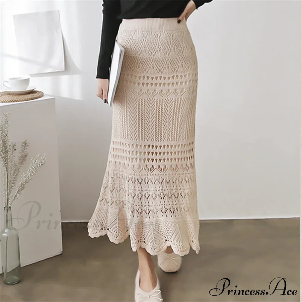 Elegant High Waist Korean Lace Crochet Sheath Wrap Trendy Feminine Skirt Apricot / One Size