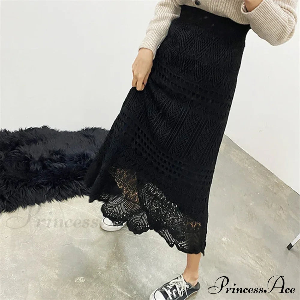 Elegant High Waist Korean Lace Crochet Sheath Wrap Trendy Feminine Skirt Black / One Size