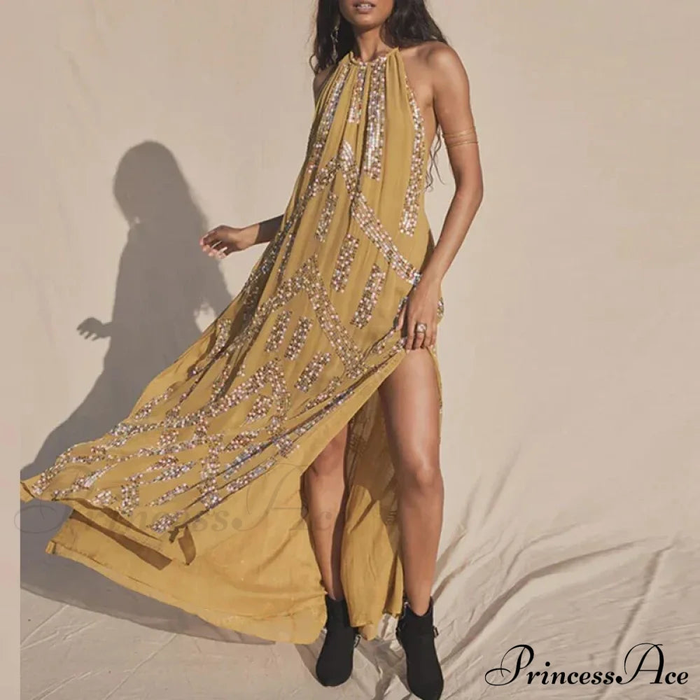 Elegant Lace Halter Backless Boho Dress Yellow / Xs