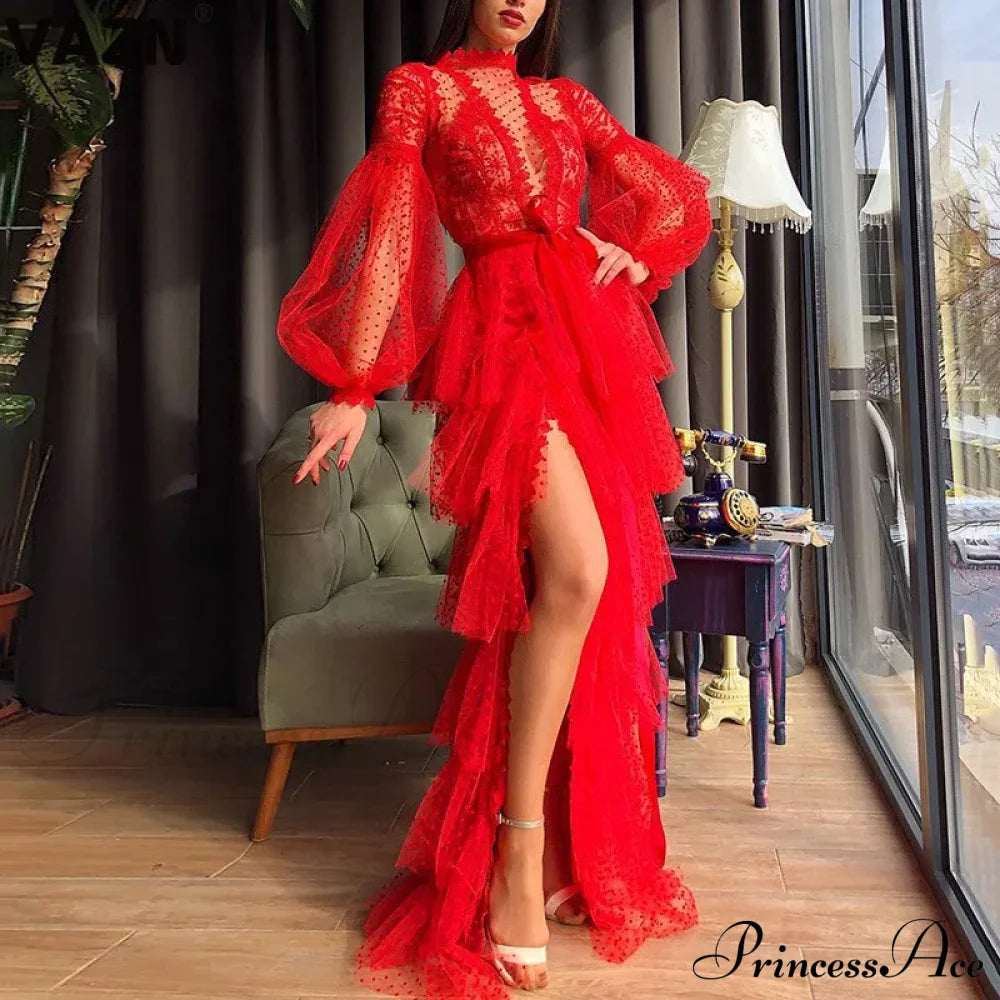 Elegant Lace Hollow Out A-Line Full Sleeve Red Christmas Party Dress Dresses-L