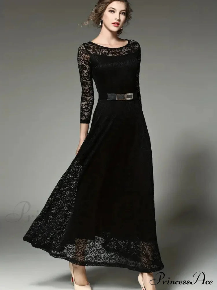 Elegant Lace Party Casual Dress With 3/4 Sleeves S / Black Black Long Sleeve Lace Dress