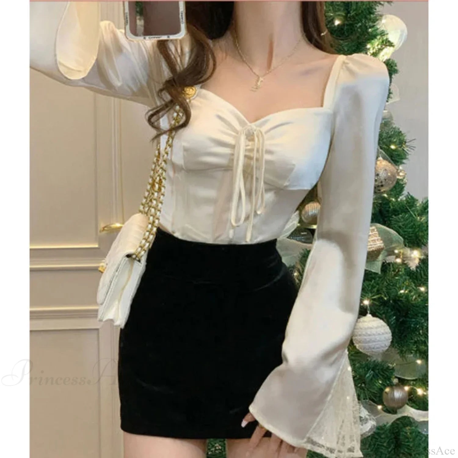 Elegant Lace Patchwork Flare Sleeve Sexy Slim Blouse blouse-250126