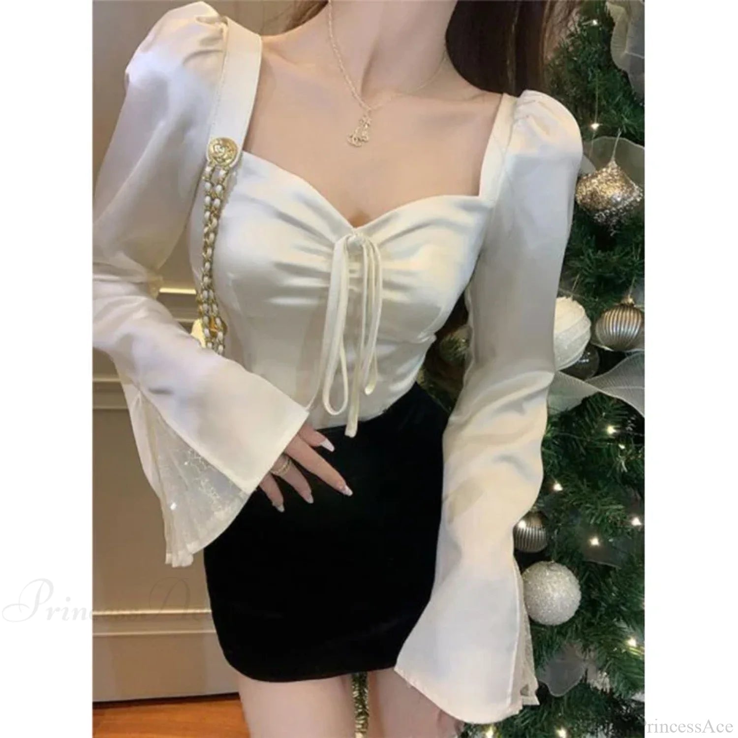 Elegant Lace Patchwork Flare Sleeve Sexy Slim Blouse blouse-250126