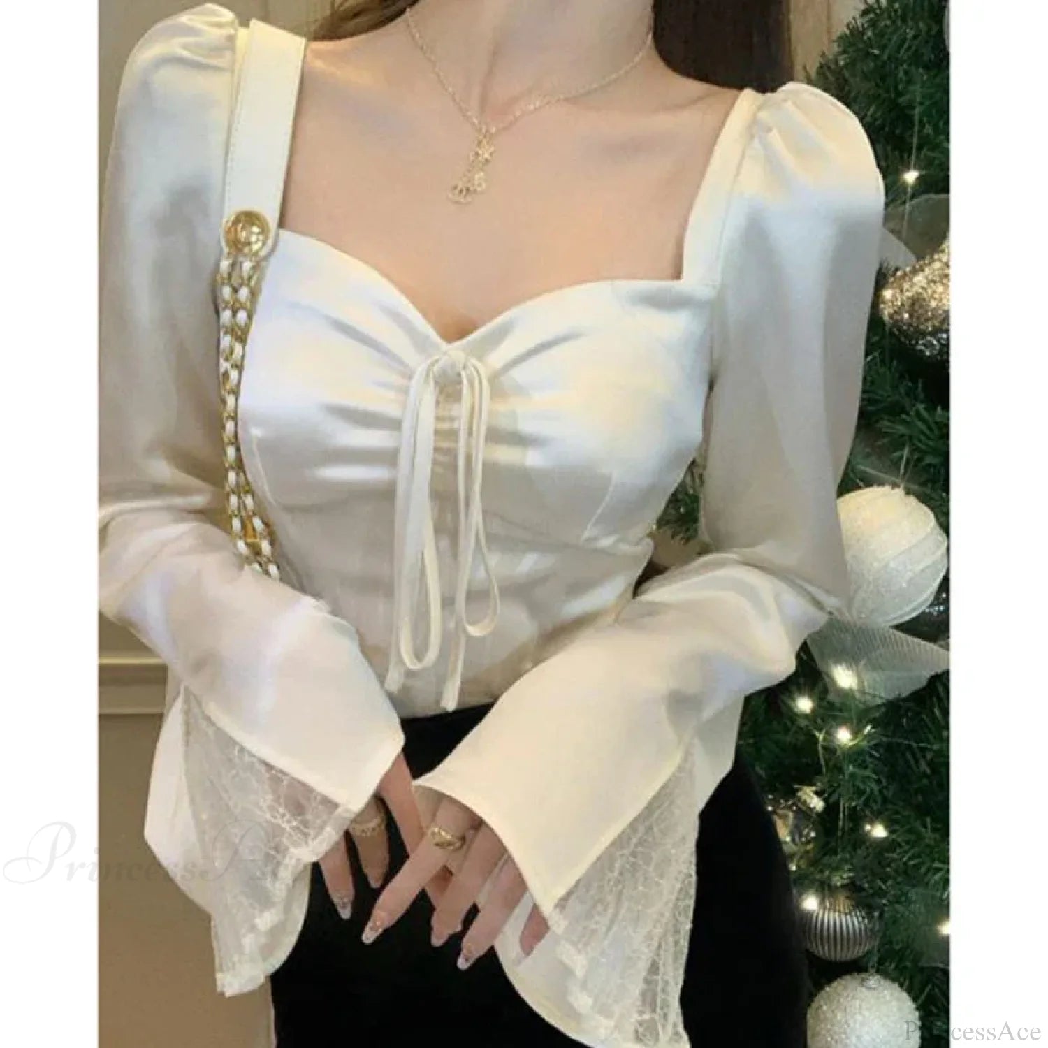 Elegant Lace Patchwork Flare Sleeve Sexy Slim Blouse WHITE / S blouse-250126