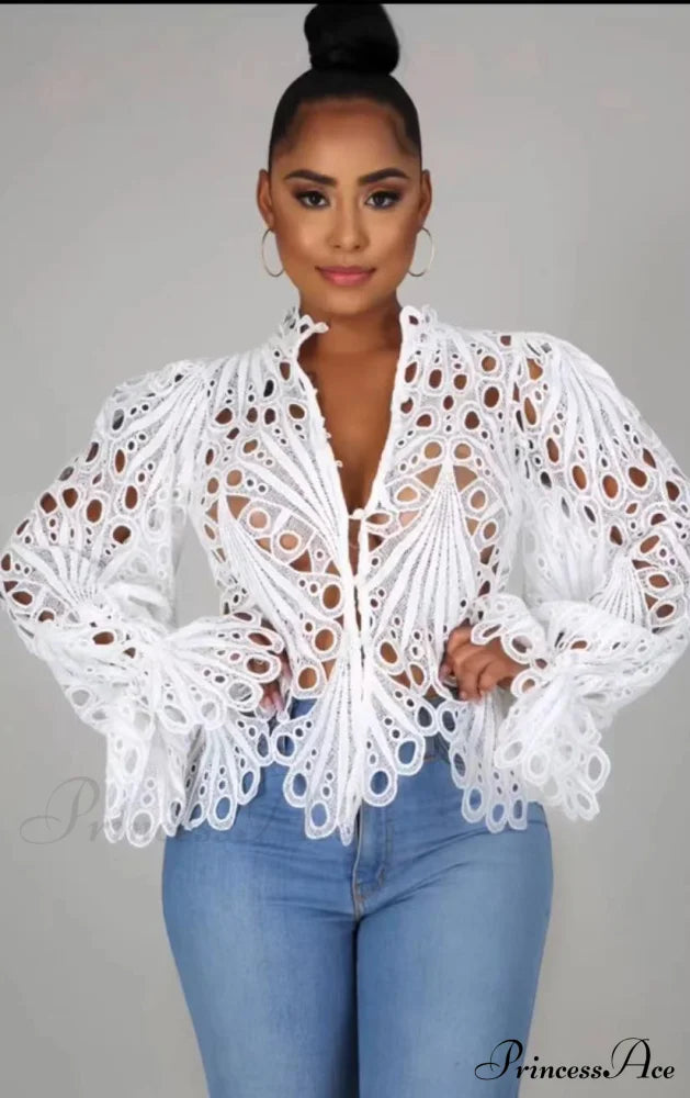 Elegant Lace See Though Ruffles Lantern Blouse Ivory / S