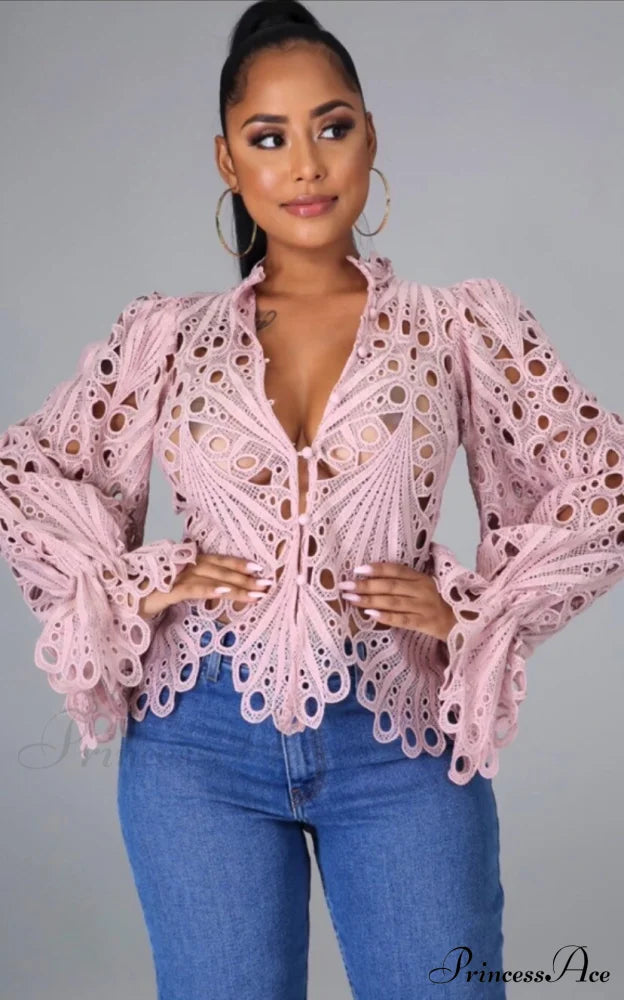 Elegant Lace See Though Ruffles Lantern Blouse Pink / S