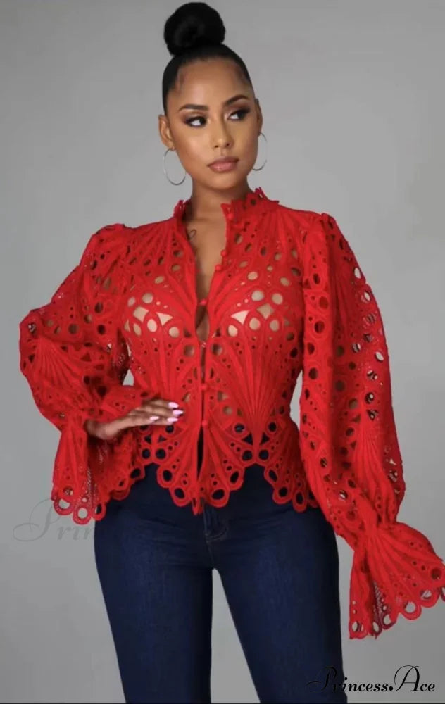 Elegant Lace See Though Ruffles Lantern Blouse Red / S