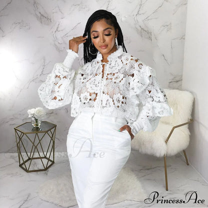 Elegant Lace See Though Ruffles Lantern Blouse White / S