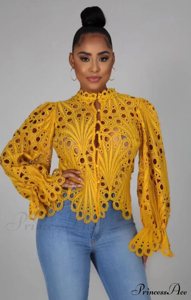 Elegant Lace See Though Ruffles Lantern Blouse Yellow / S