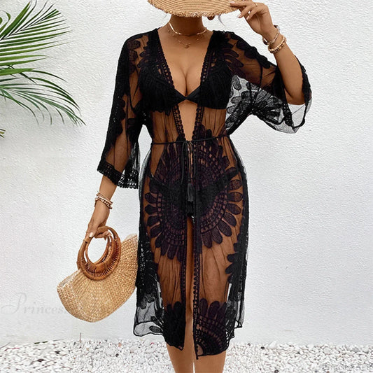 Elegant Lace-Up Beach Smock Cover Up Black / One Size