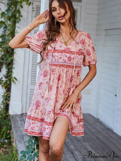 Elegant Lace-Up Green Sundress Women Boho Dress Pink / S